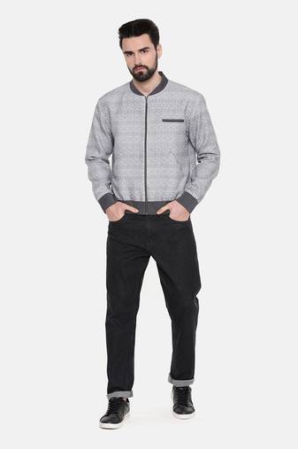 Grey Linen Printed Bomber Jacket