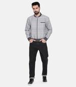 Grey Linen Printed Bomber Jacket