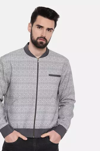 Grey Linen Printed Bomber Jacket