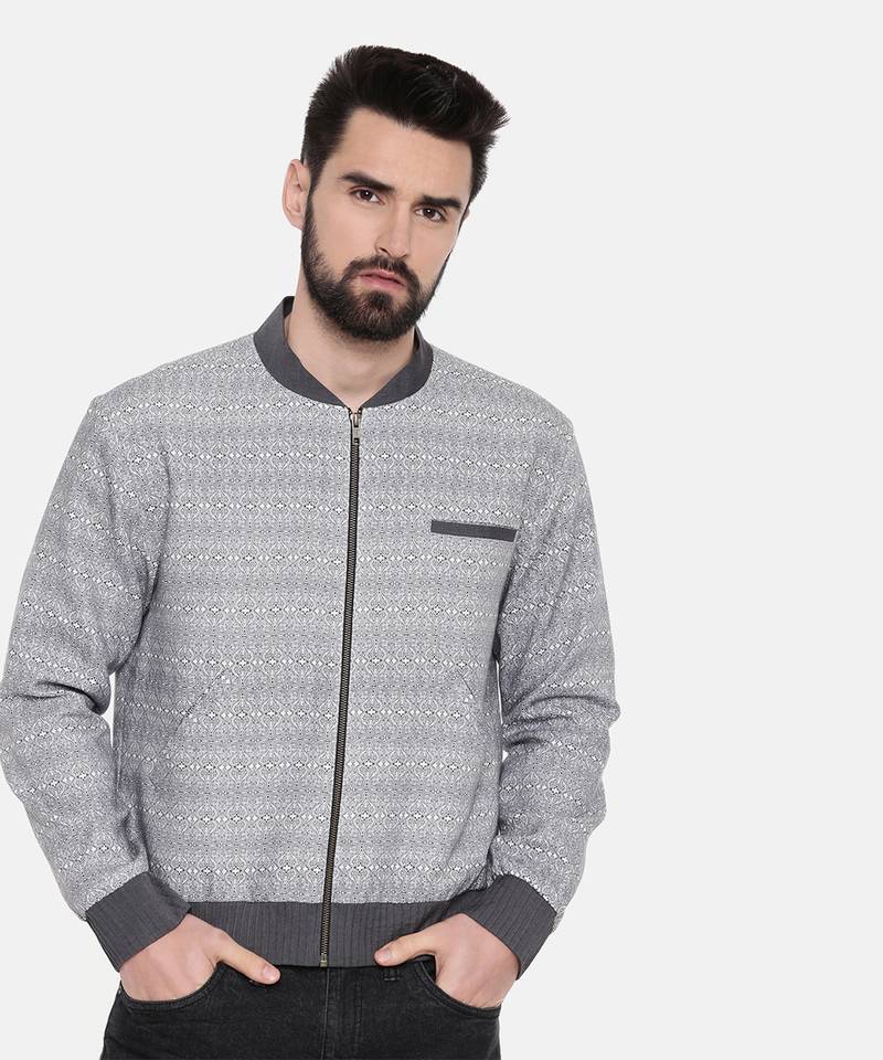 Grey Linen Printed Bomber Jacket