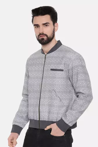 Grey Linen Printed Bomber Jacket