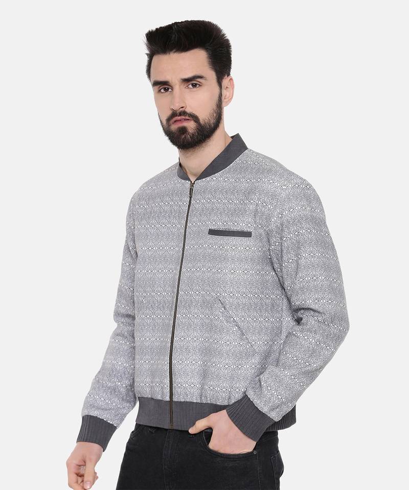 Grey Linen Printed Bomber Jacket