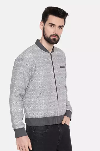 Grey Linen Printed Bomber Jacket