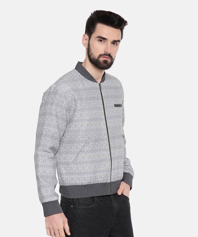 Grey Linen Printed Bomber Jacket