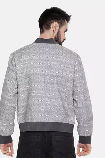 Grey Linen Printed Bomber Jacket