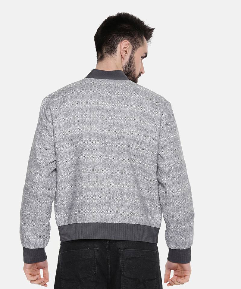 Grey Linen Printed Bomber Jacket