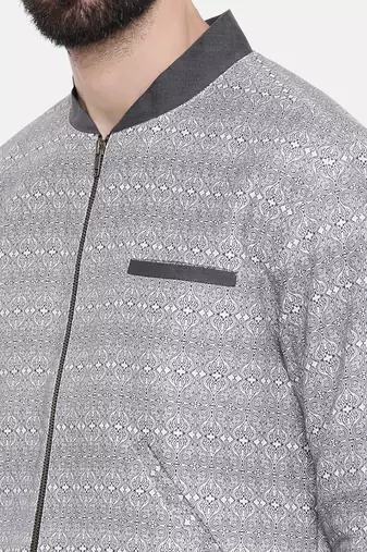 Grey Linen Printed Bomber Jacket