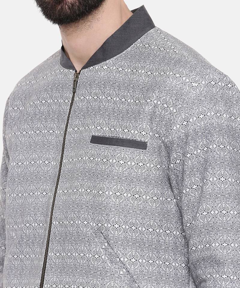 Grey Linen Printed Bomber Jacket