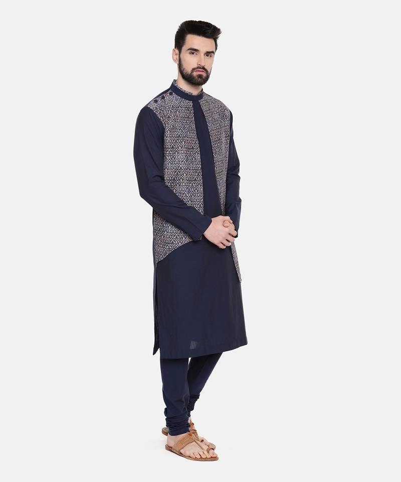 Blue Printed Silk Kurta Set