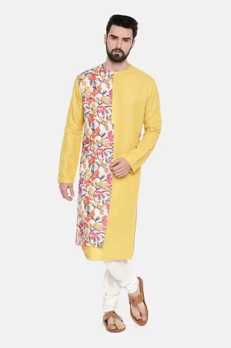 Yellow Printed Linen Kurta Set