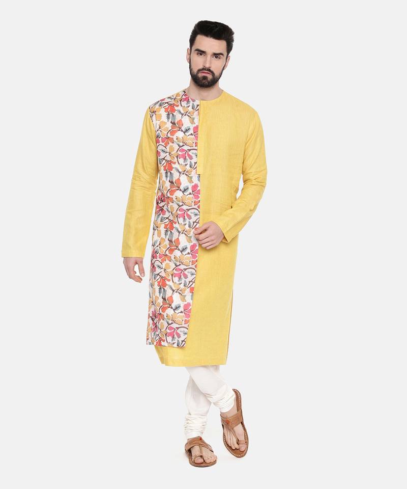 Yellow Printed Linen Kurta Set