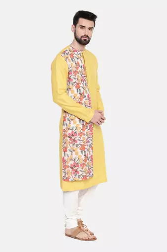 Yellow Printed Linen Kurta Set