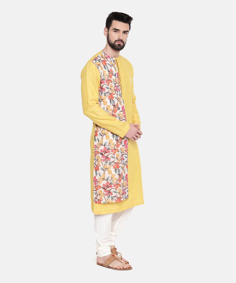 Yellow Printed Linen Kurta Set