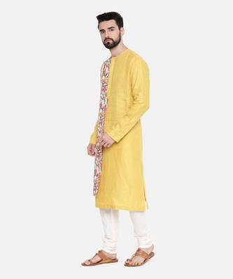 Yellow Printed Linen Kurta Set 4