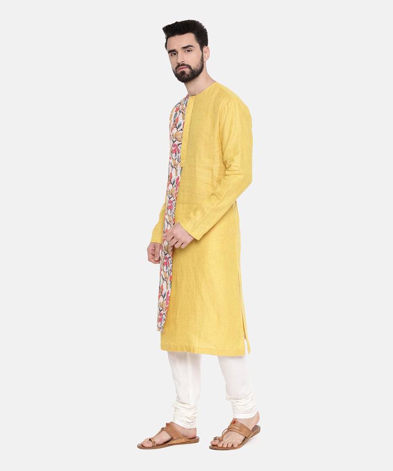 Yellow Printed Linen Kurta Set