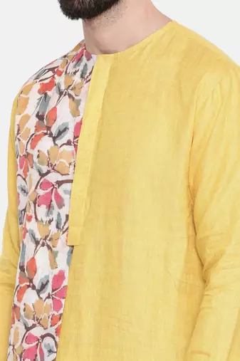 Yellow Printed Linen Kurta Set