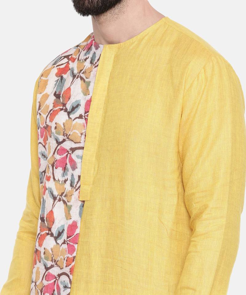 Yellow Printed Linen Kurta Set