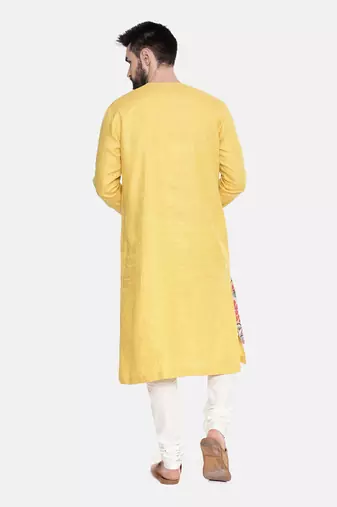 Yellow Printed Linen Kurta Set