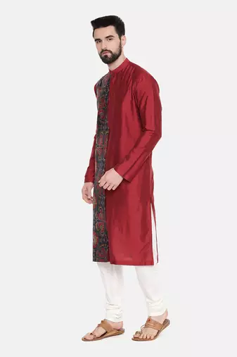 Red Printed Silk Kurta Set