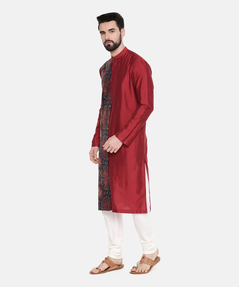 Red Printed Silk Kurta Set