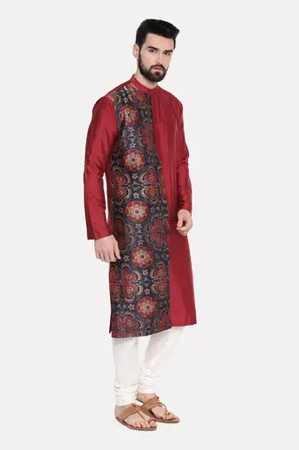 Red Printed Silk Kurta Set