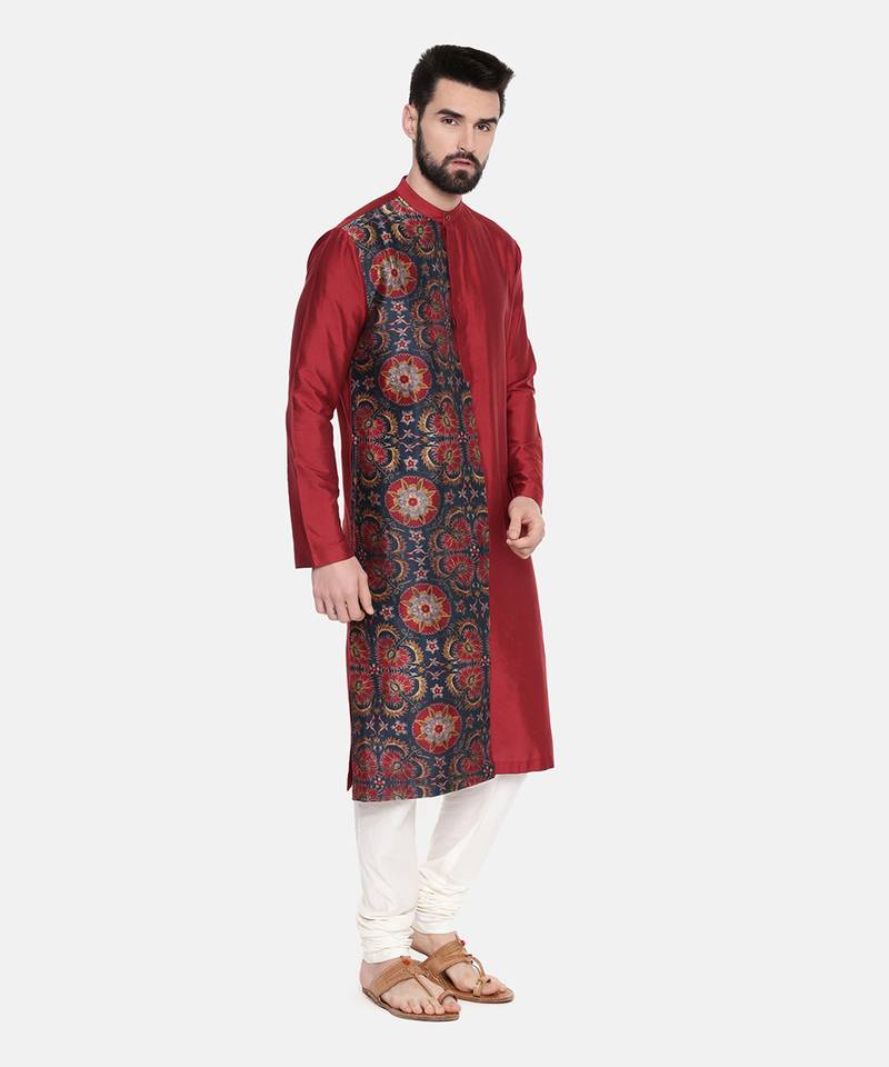Red Printed Silk Kurta Set