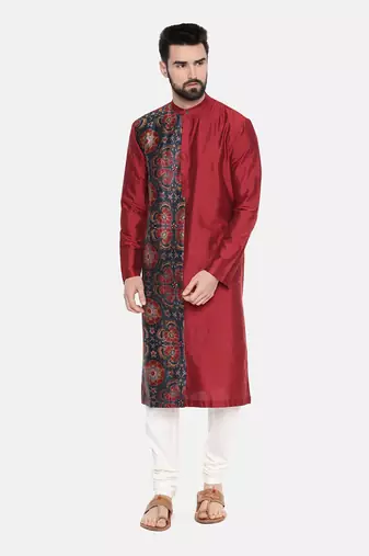 Red Printed Silk Kurta Set