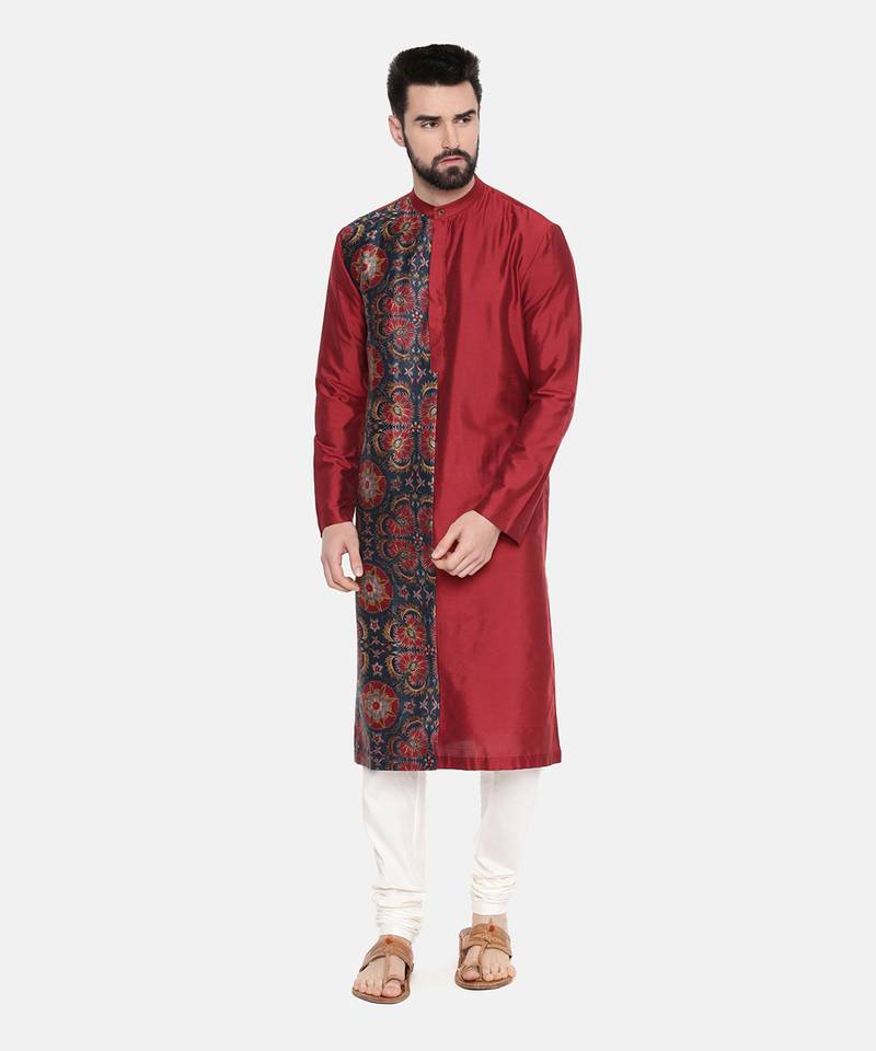 Red Printed Silk Kurta Set