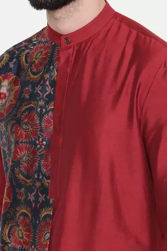 Red Printed Silk Kurta Set