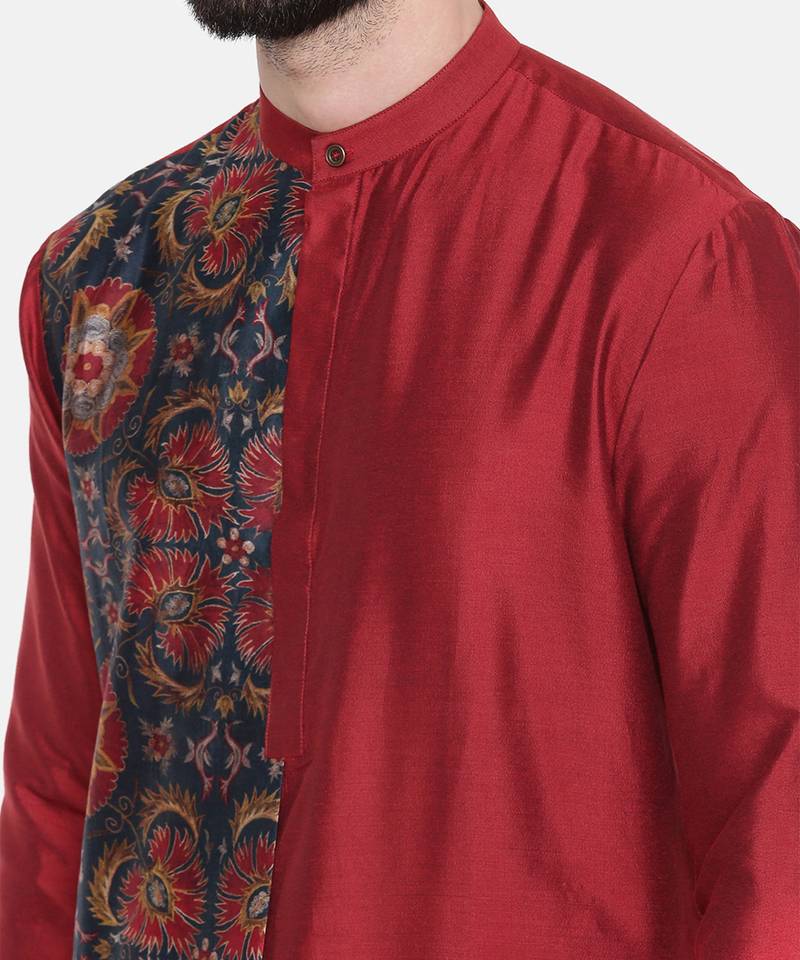 Red Printed Silk Kurta Set