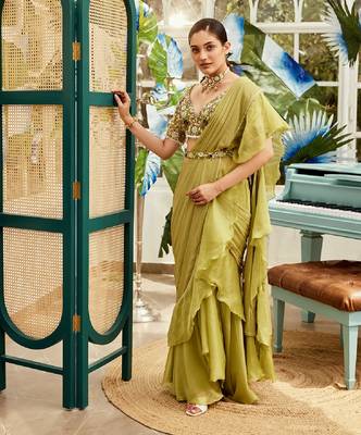 Green Embroidered Georgette  Saree 1