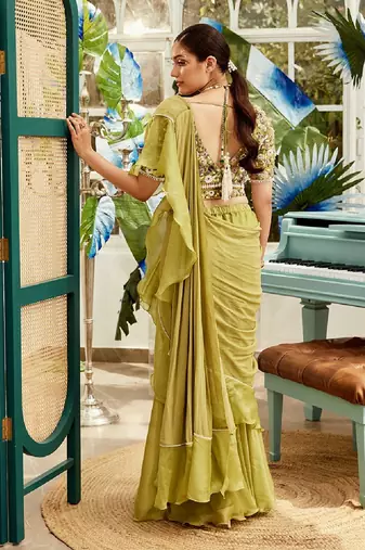 Green Embroidered Georgette  Saree
