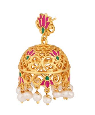 Gul Lotus Jhumkas In Pink Enamel 2