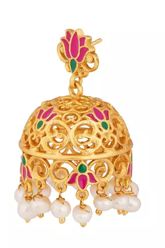 Gul Lotus Jhumkas In Pink Enamel