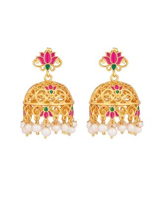 Gul Lotus Jhumkas In Pink Enamel 1