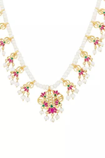 Lotus Drops Pearl Necklace In Pink Enamel