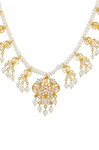 Lotus Drops Pearl Necklace In White Enamel