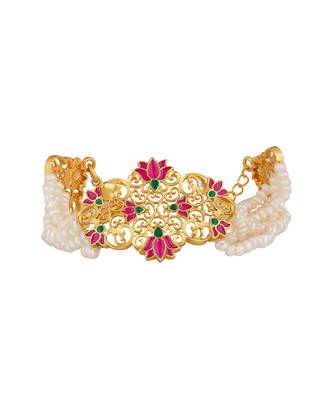 Maharani Lotus Choker Necklace In Pink Enamel 1