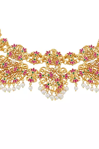 Naaz Lotus Choker Necklace In Pink Enamel