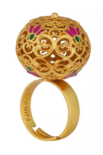 Lotus Globe Statement Ring In Pink Enamel