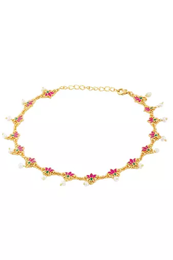 Threads Of Lotus Delicate Anklet In Pink Enamel