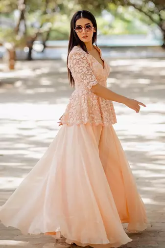 Peach Peplum Sharara Set