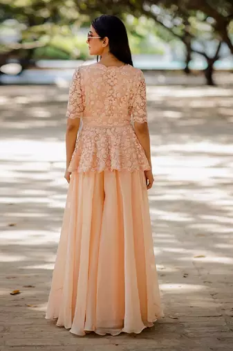 Peach Peplum Sharara Set