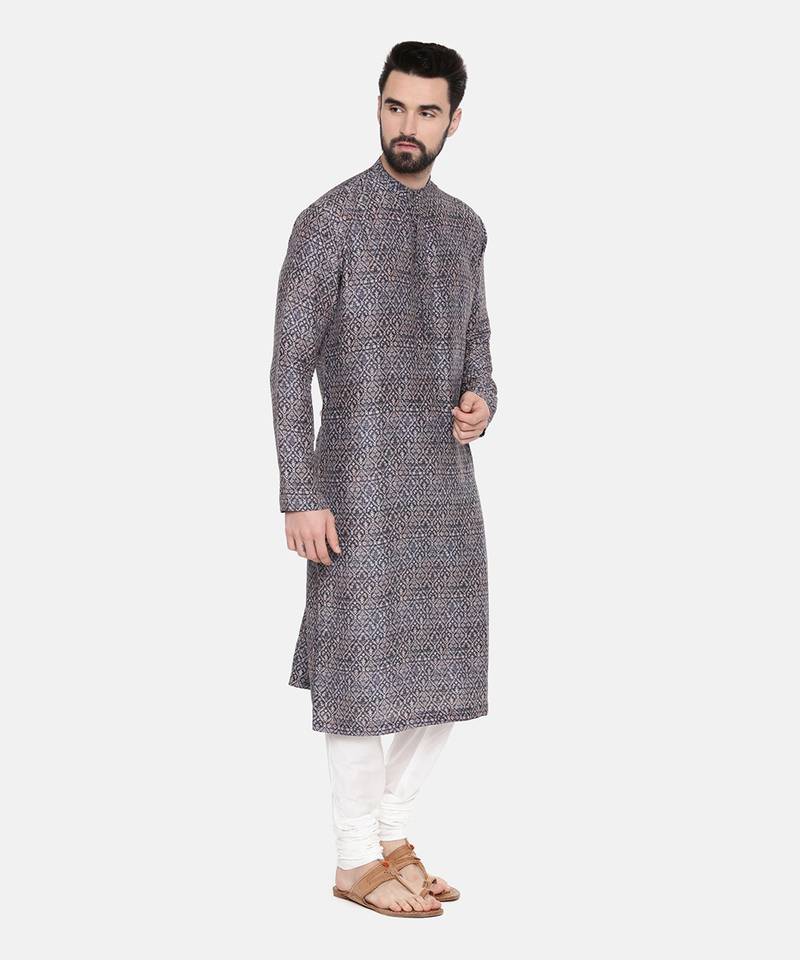 Linen Bemberg Blue Prt Kurta Set