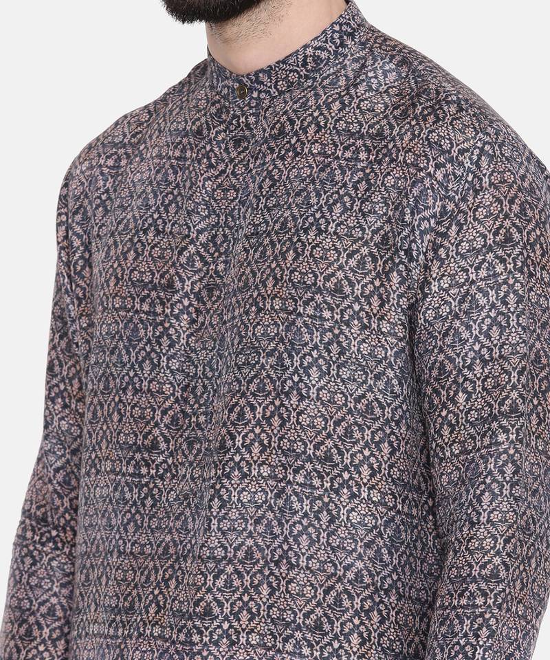 Linen Bemberg Blue Prt Kurta Set