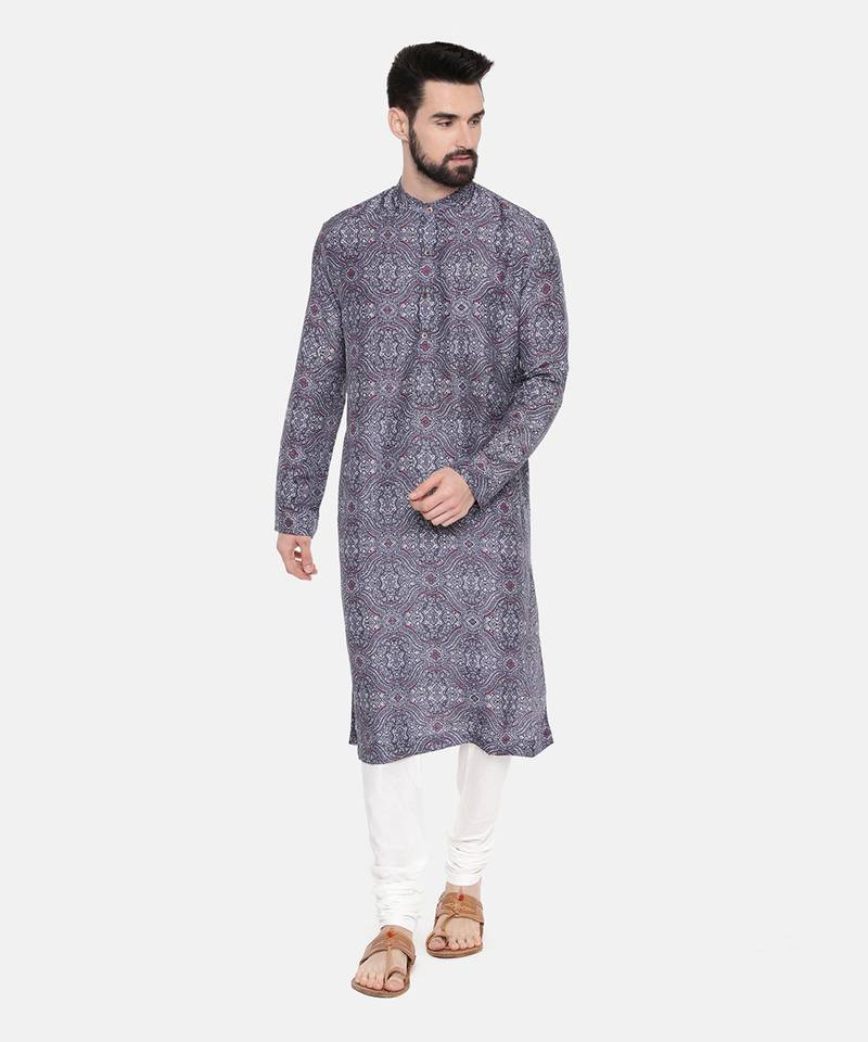 Linen Bemberg Blue Red Prt Kurta Set