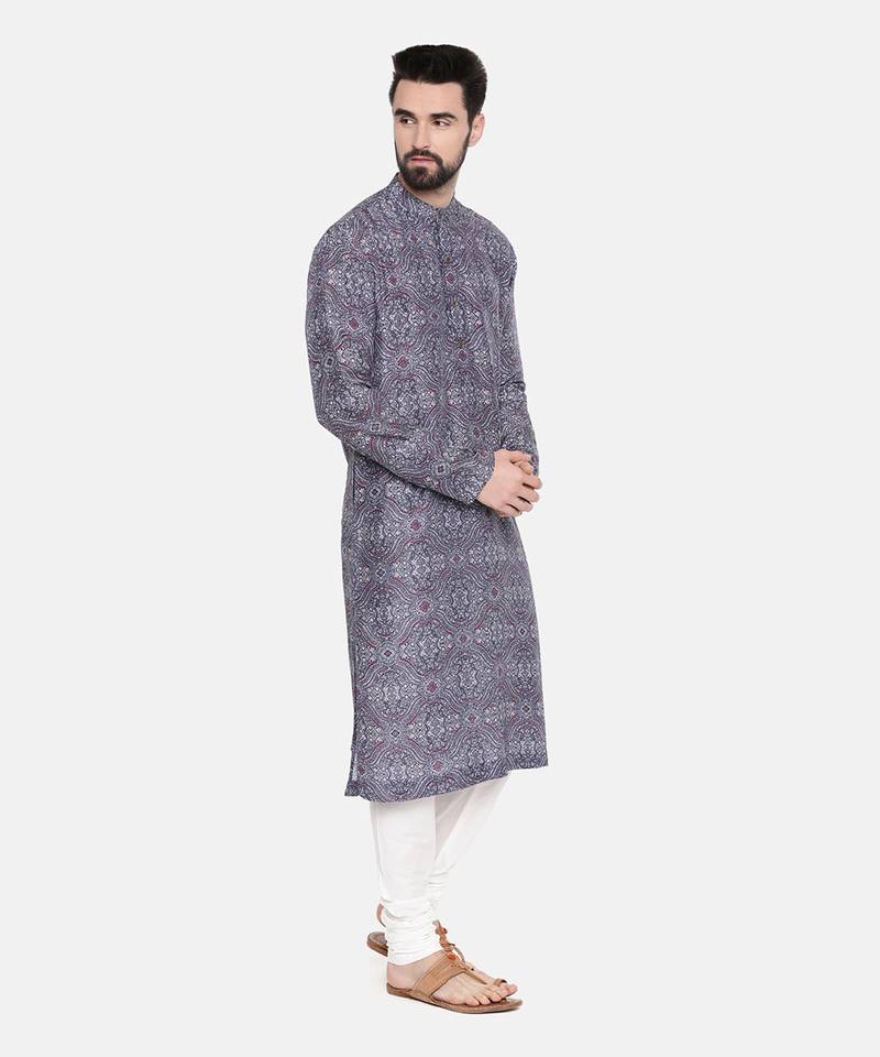 Linen Bemberg Blue Red Prt Kurta Set