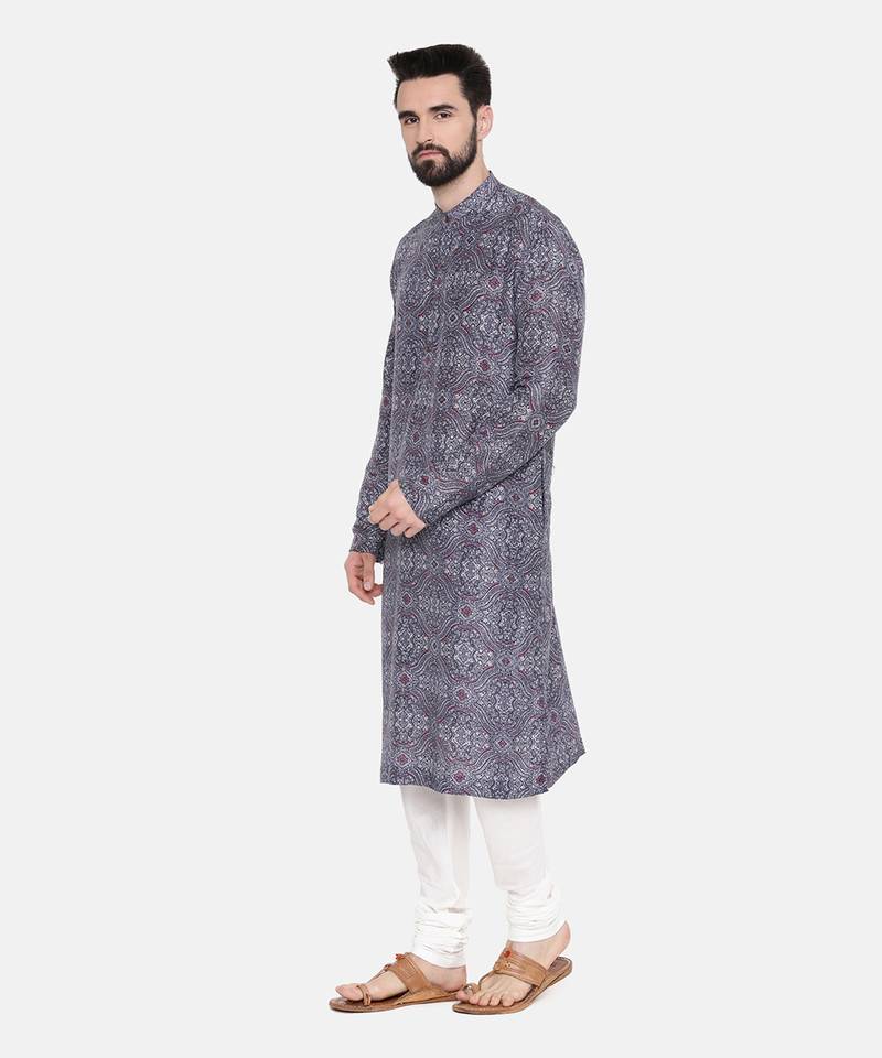 Linen Bemberg Blue Red Prt Kurta Set