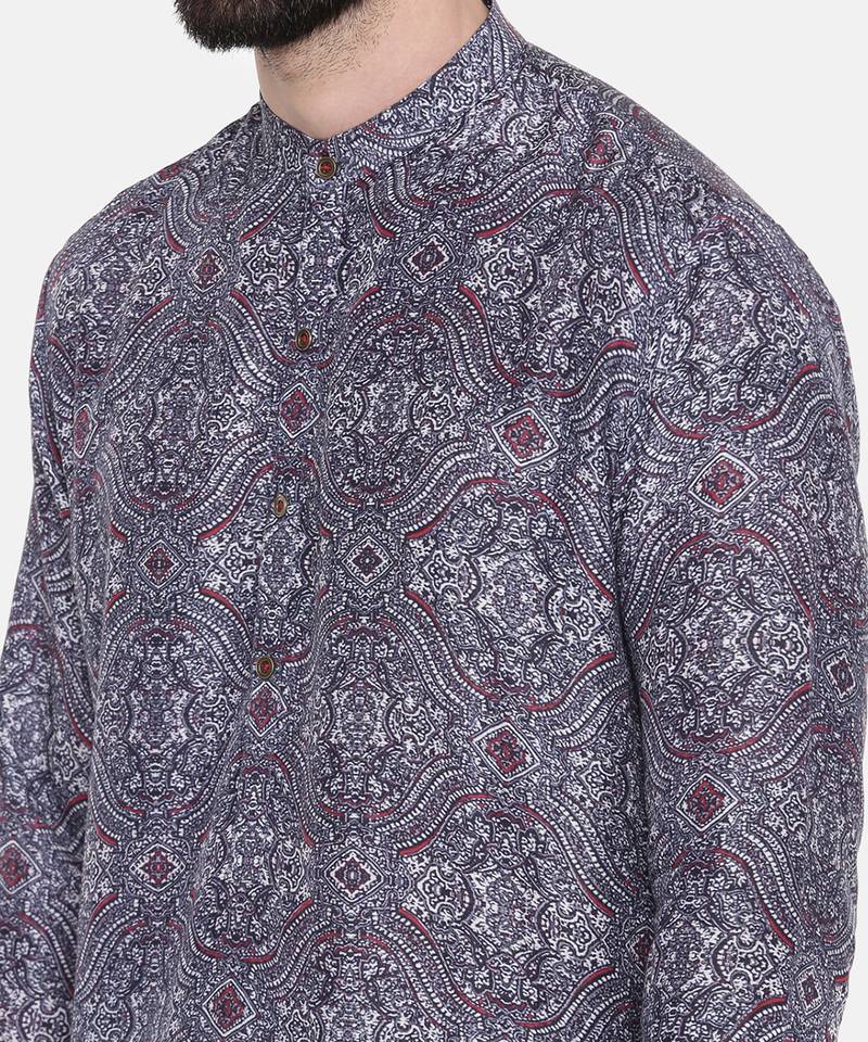 Linen Bemberg Blue Red Prt Kurta Set