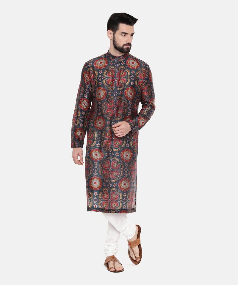 Teal Red Silk Chanderi Kurta Set
